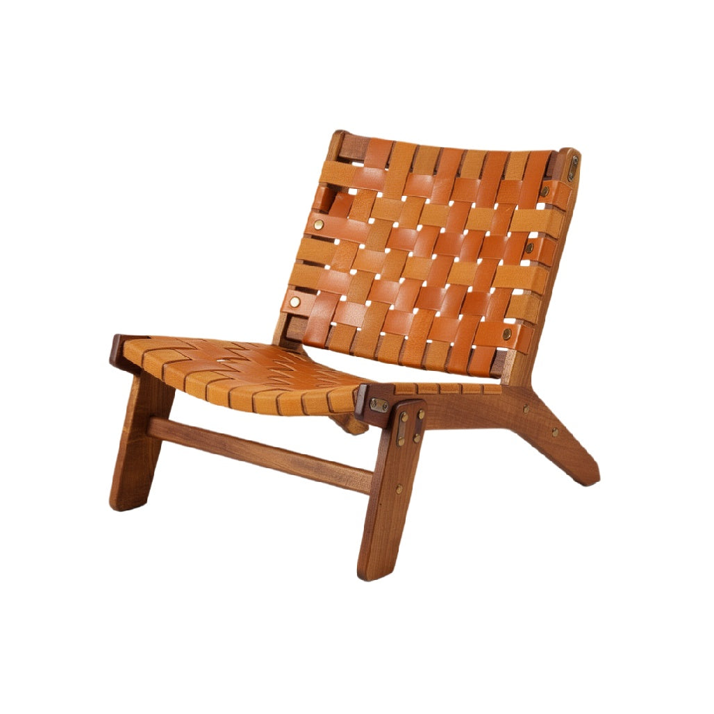 Minimalist Wooden Lounge Chair with Woven Leather Seating